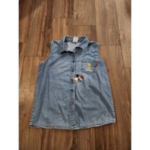 Vintage 90s‎ Looney Tunes Denim Button Front Sleeveless Shirt